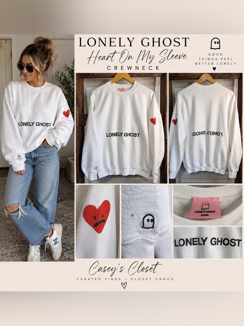 Lonely Ghost “Heart On My Sleeve” Crewneck Sweatshirt – Medium 👻❤️